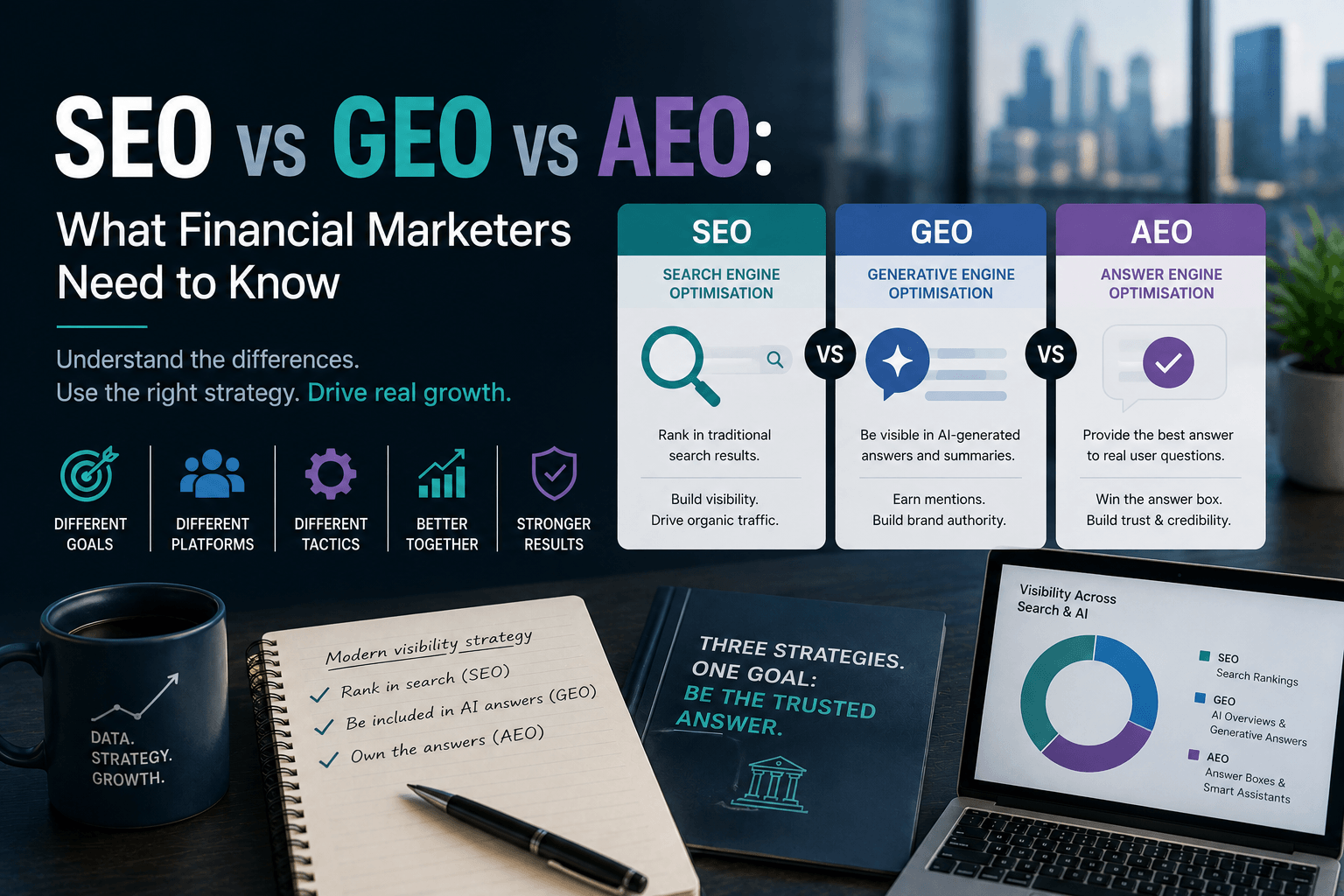 SEO vs GEO vs AEO What Financial Marketers Need to Know
